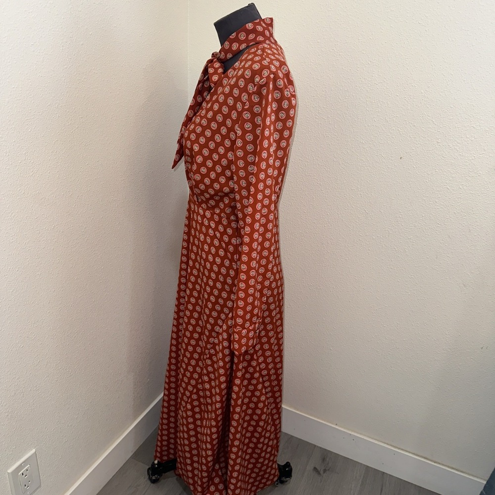 Topshop‎ Horse Coin Print Long Sleeve Midi Dress Orange Geometric Womens Sz 10 - Picture 5 of 9